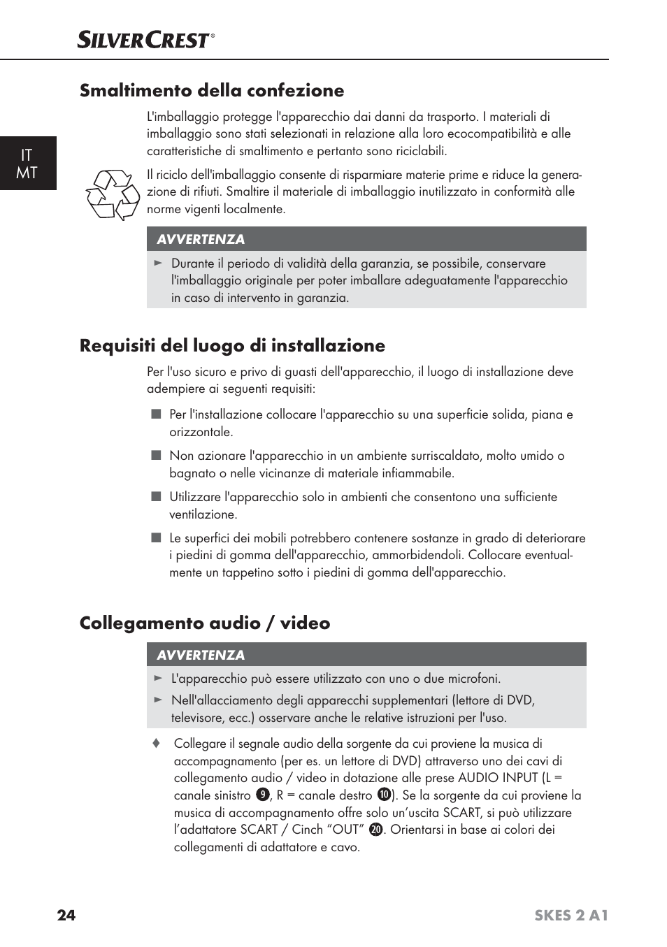 Smaltimento della confezione, Requisiti del luogo di installazione, Collegamento audio / video | It mt | Silvercrest SKES 2 A1 User Manual | Page 27 / 83