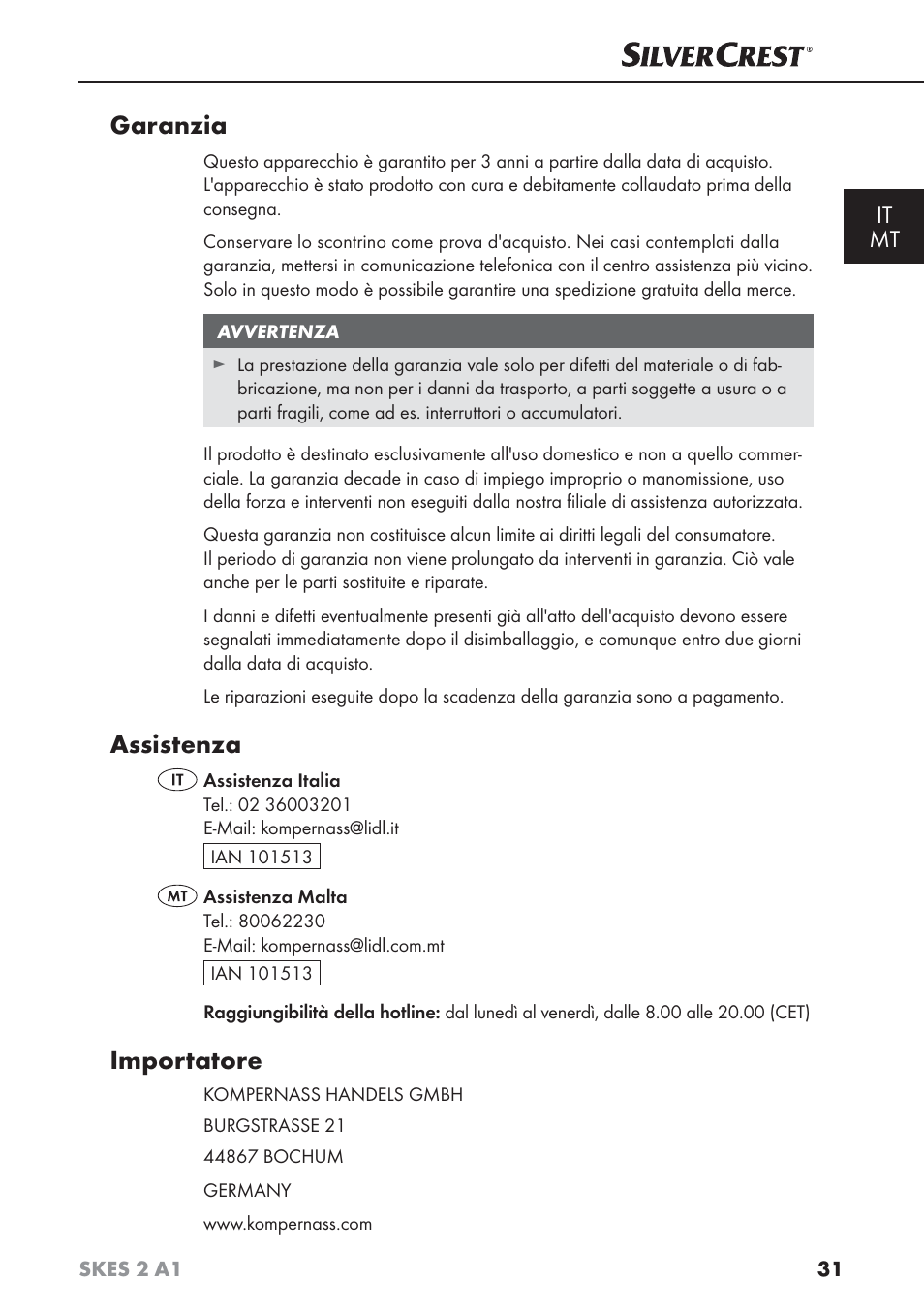 Garanzia, Assistenza, Importatore | It mt | Silvercrest SKES 2 A1 User Manual | Page 34 / 83