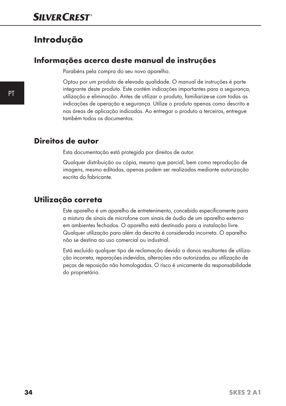 Introdução, Informações acerca deste manual de instruções, Direitos de autor | Utilização correta | Silvercrest SKES 2 A1 User Manual | Page 37 / 83