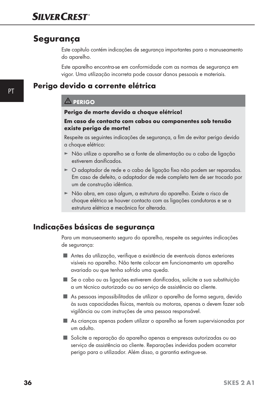 Segurança, Perigo devido a corrente elétrica, Indicações básicas de segurança | Silvercrest SKES 2 A1 User Manual | Page 39 / 83