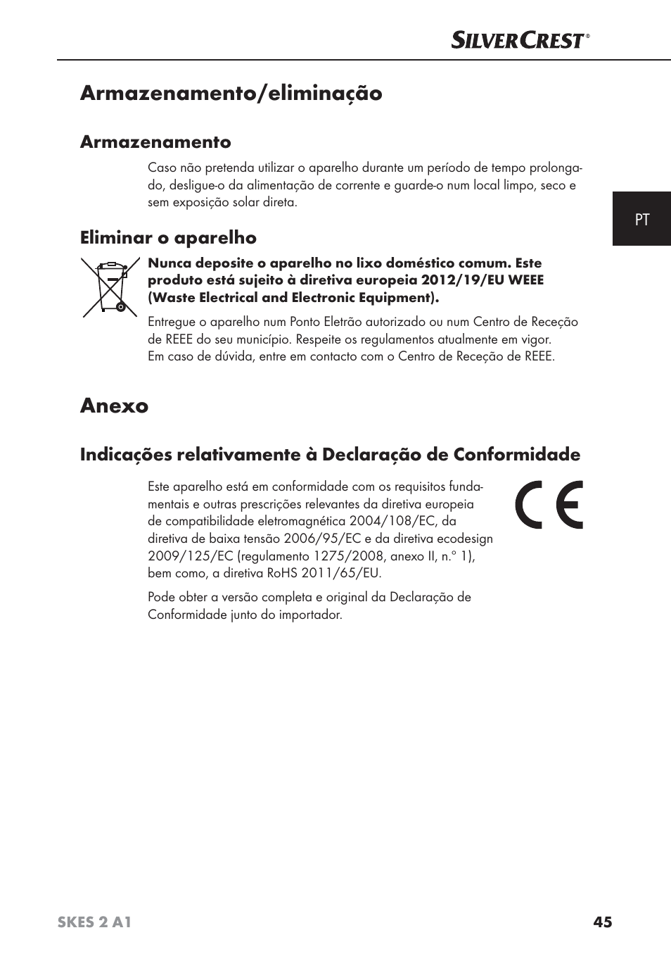 Armazenamento/eliminação, Anexo, Armazenamento | Eliminar o aparelho | Silvercrest SKES 2 A1 User Manual | Page 48 / 83