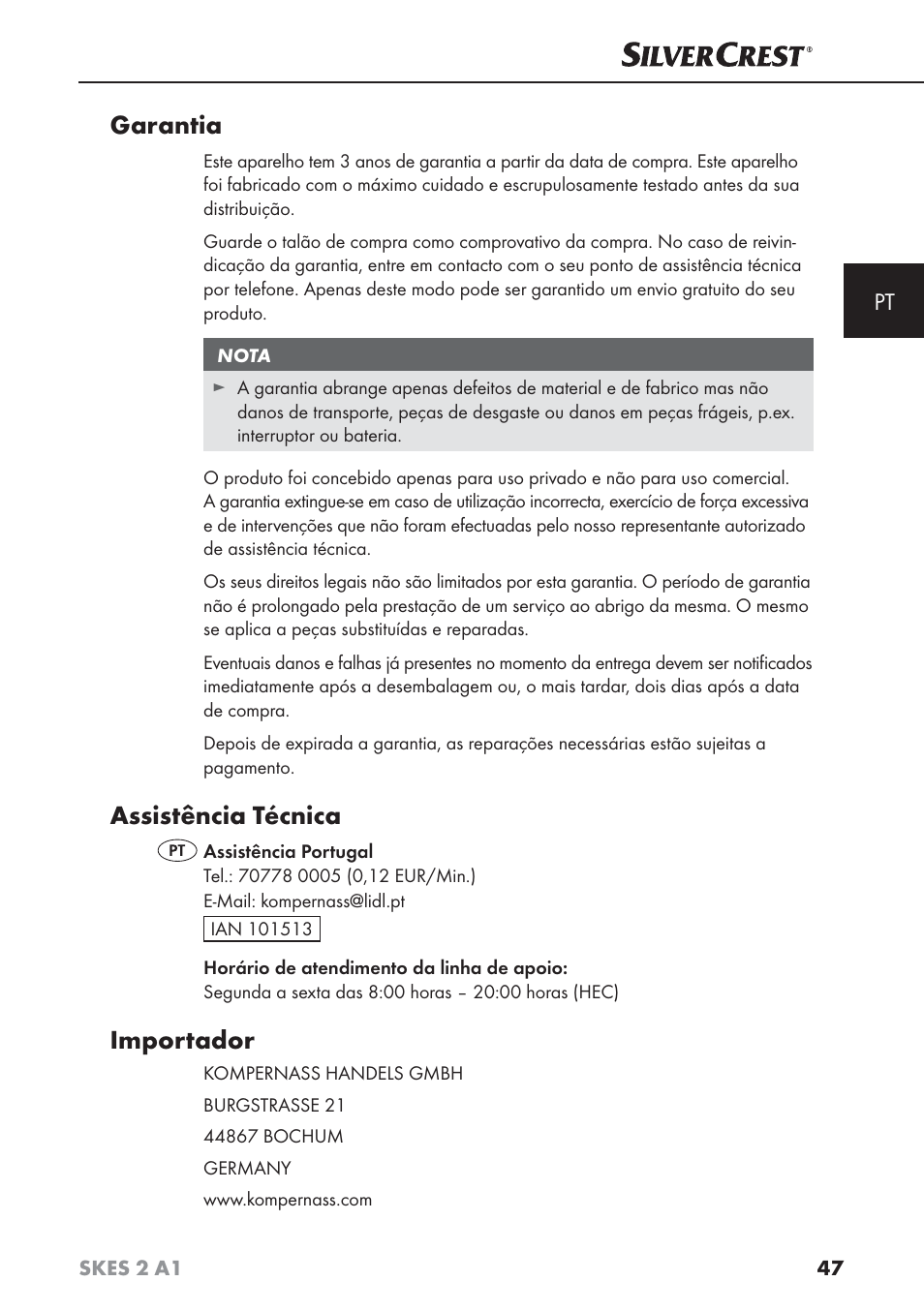 Garantia, Assistência técnica, Importador | Silvercrest SKES 2 A1 User Manual | Page 50 / 83