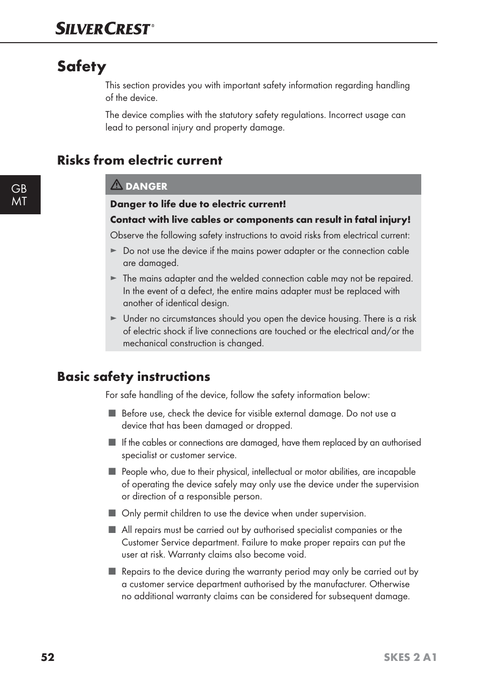 Safety, Risks from electric current, Basic safety instructions | Gb mt | Silvercrest SKES 2 A1 User Manual | Page 55 / 83