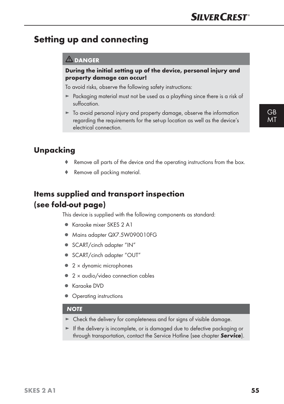 Setting up and connecting, Unpacking, Gb mt | Silvercrest SKES 2 A1 User Manual | Page 58 / 83