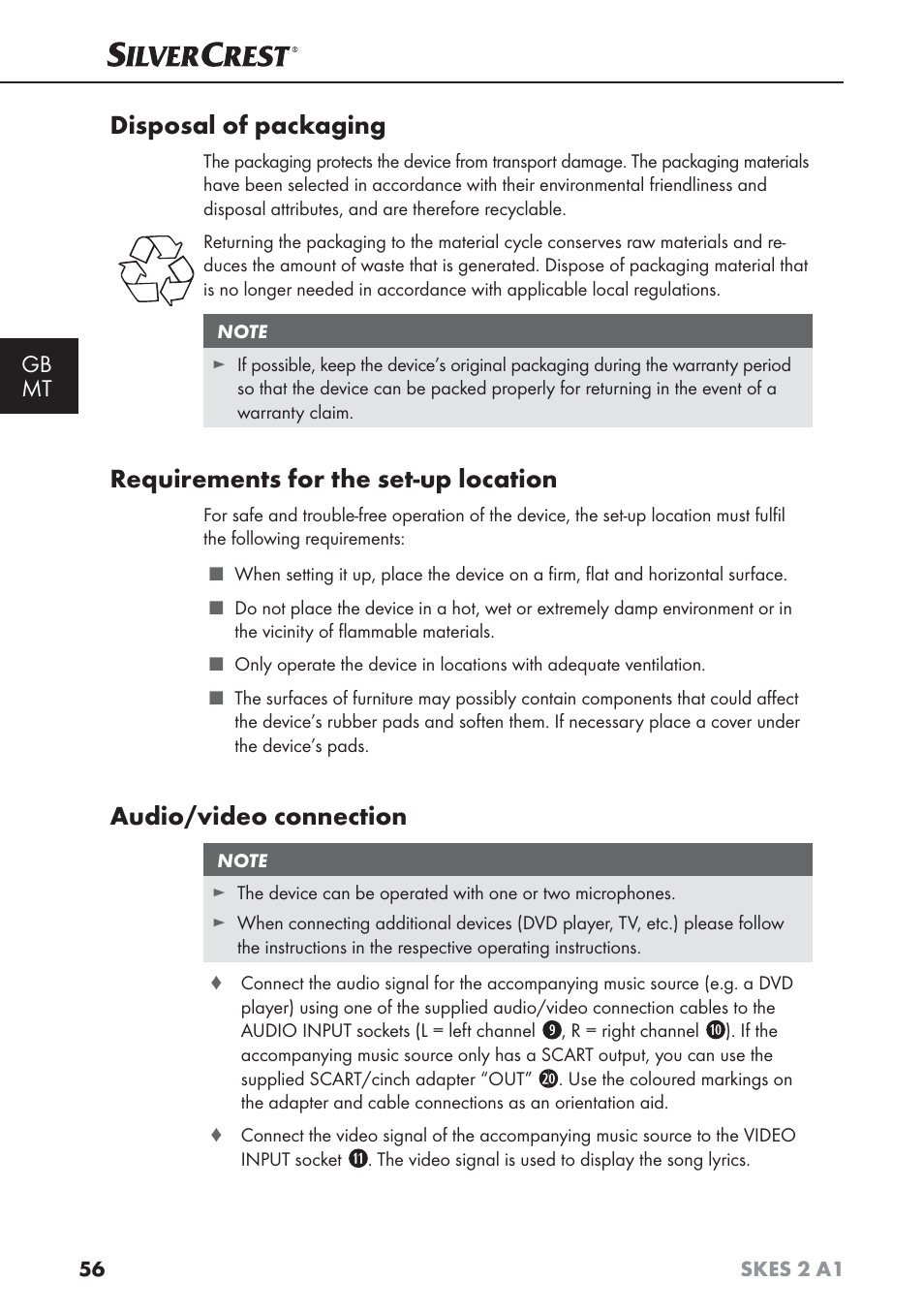 Disposal of packaging, Requirements for the set-up location, Audio/video connection | Gb mt | Silvercrest SKES 2 A1 User Manual | Page 59 / 83