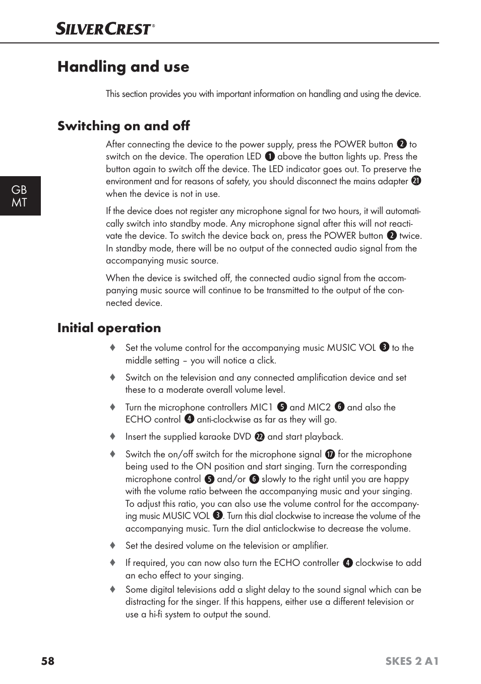 Handling and use, Switching on and oﬀ, Initial operation | Gb mt | Silvercrest SKES 2 A1 User Manual | Page 61 / 83