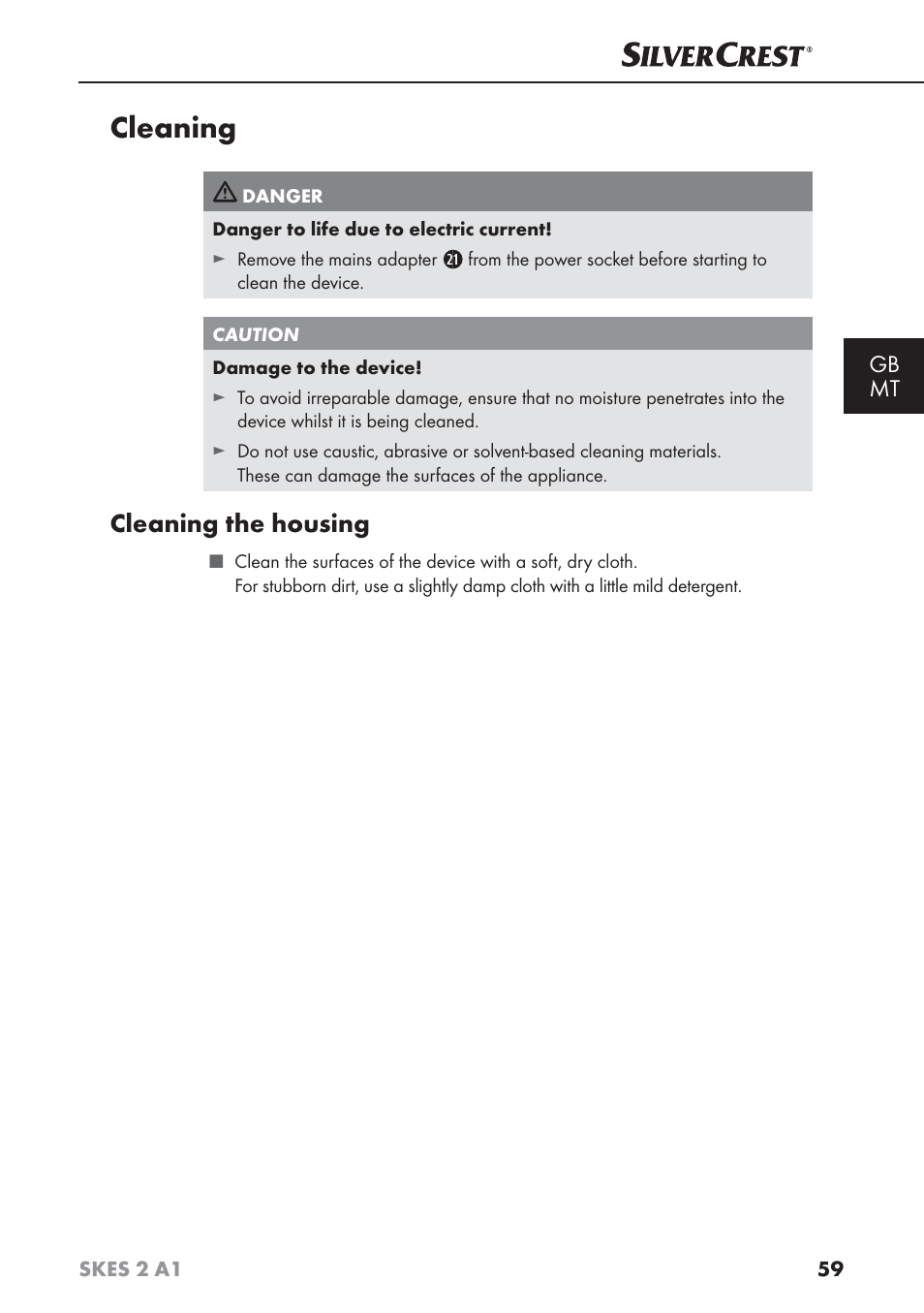 Cleaning, Cleaning the housing, Gb mt | Silvercrest SKES 2 A1 User Manual | Page 62 / 83
