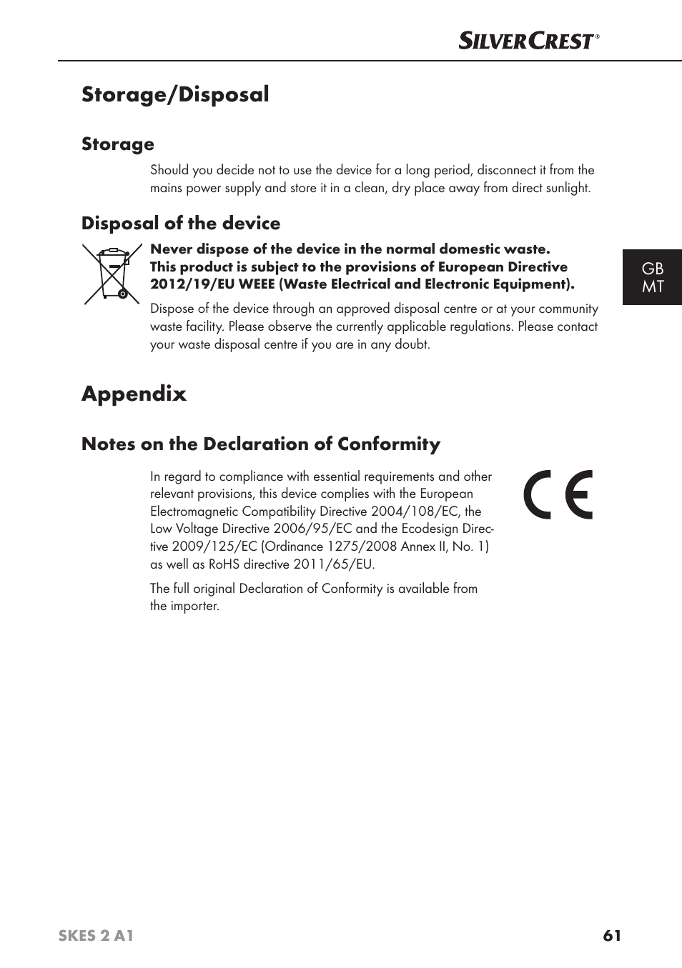 Storage/disposal, Appendix, Storage | Disposal of the device | Silvercrest SKES 2 A1 User Manual | Page 64 / 83