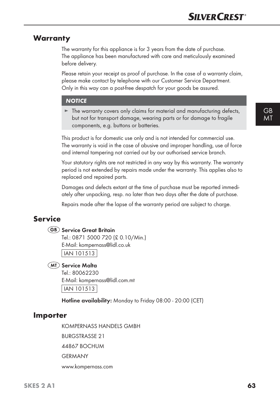 Warranty, Service, Importer | Gb mt | Silvercrest SKES 2 A1 User Manual | Page 66 / 83