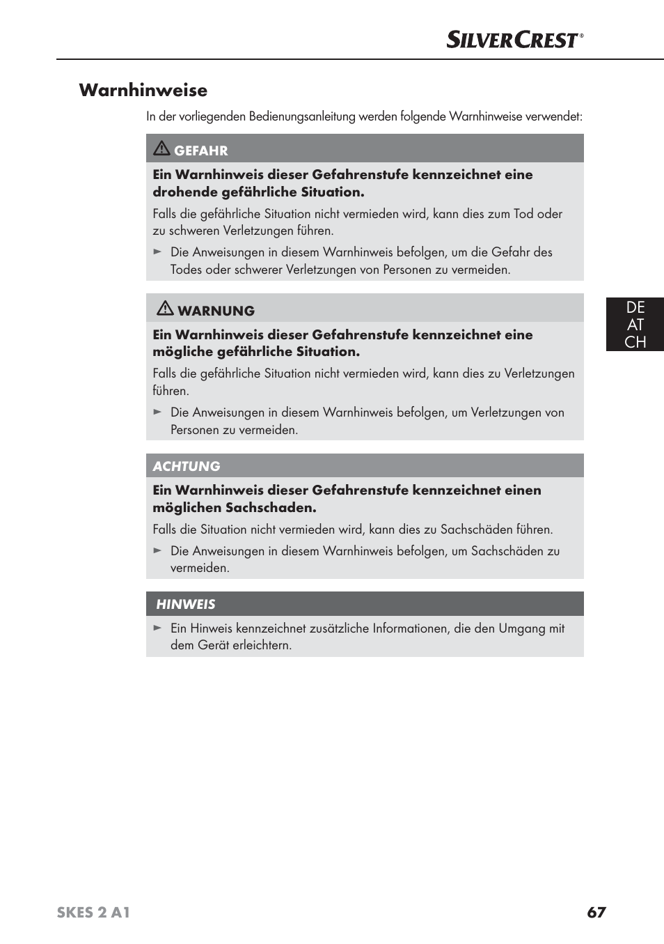 Warnhinweise, De at ch | Silvercrest SKES 2 A1 User Manual | Page 70 / 83