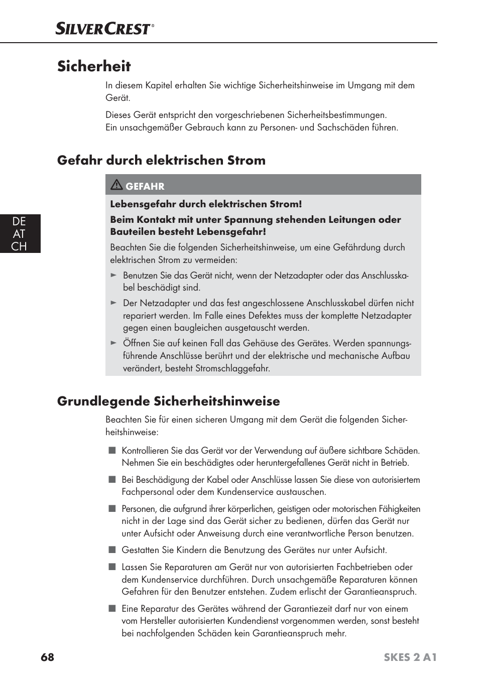 Sicherheit, Gefahr durch elektrischen strom, Grundlegende sicherheitshinweise | De at ch | Silvercrest SKES 2 A1 User Manual | Page 71 / 83