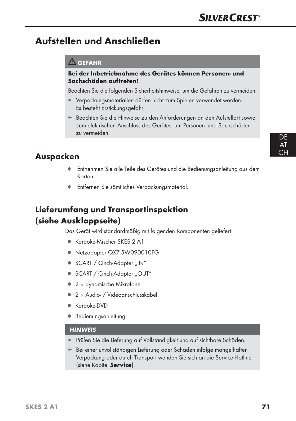 Aufstellen und anschließen, Auspacken, De at ch | Silvercrest SKES 2 A1 User Manual | Page 74 / 83