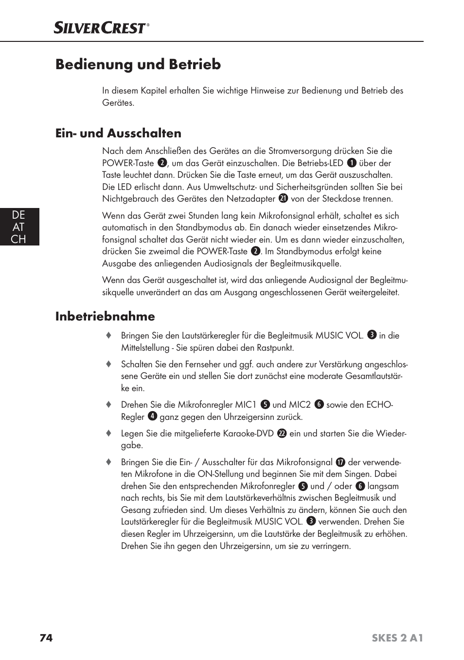 Bedienung und betrieb, Ein- und ausschalten, Inbetriebnahme | De at ch | Silvercrest SKES 2 A1 User Manual | Page 77 / 83