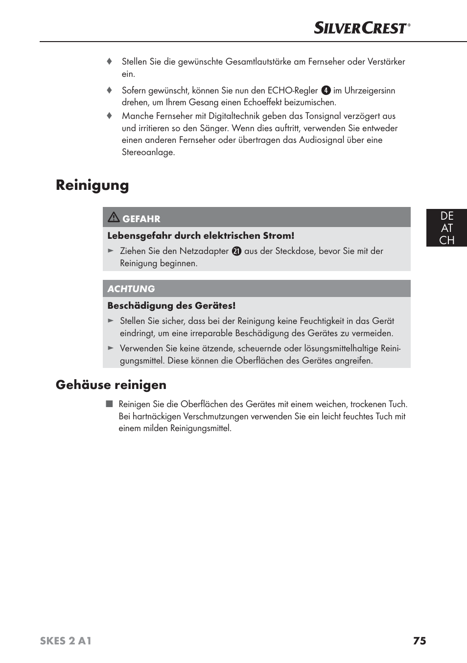 Reinigung, Gehäuse reinigen, De at ch | Silvercrest SKES 2 A1 User Manual | Page 78 / 83