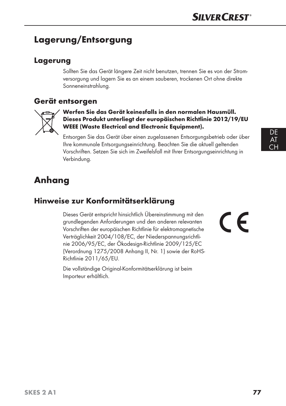 Lagerung/entsorgung, Anhang, Lagerung | Gerät entsorgen, Hinweise zur konformitätserklärung | Silvercrest SKES 2 A1 User Manual | Page 80 / 83