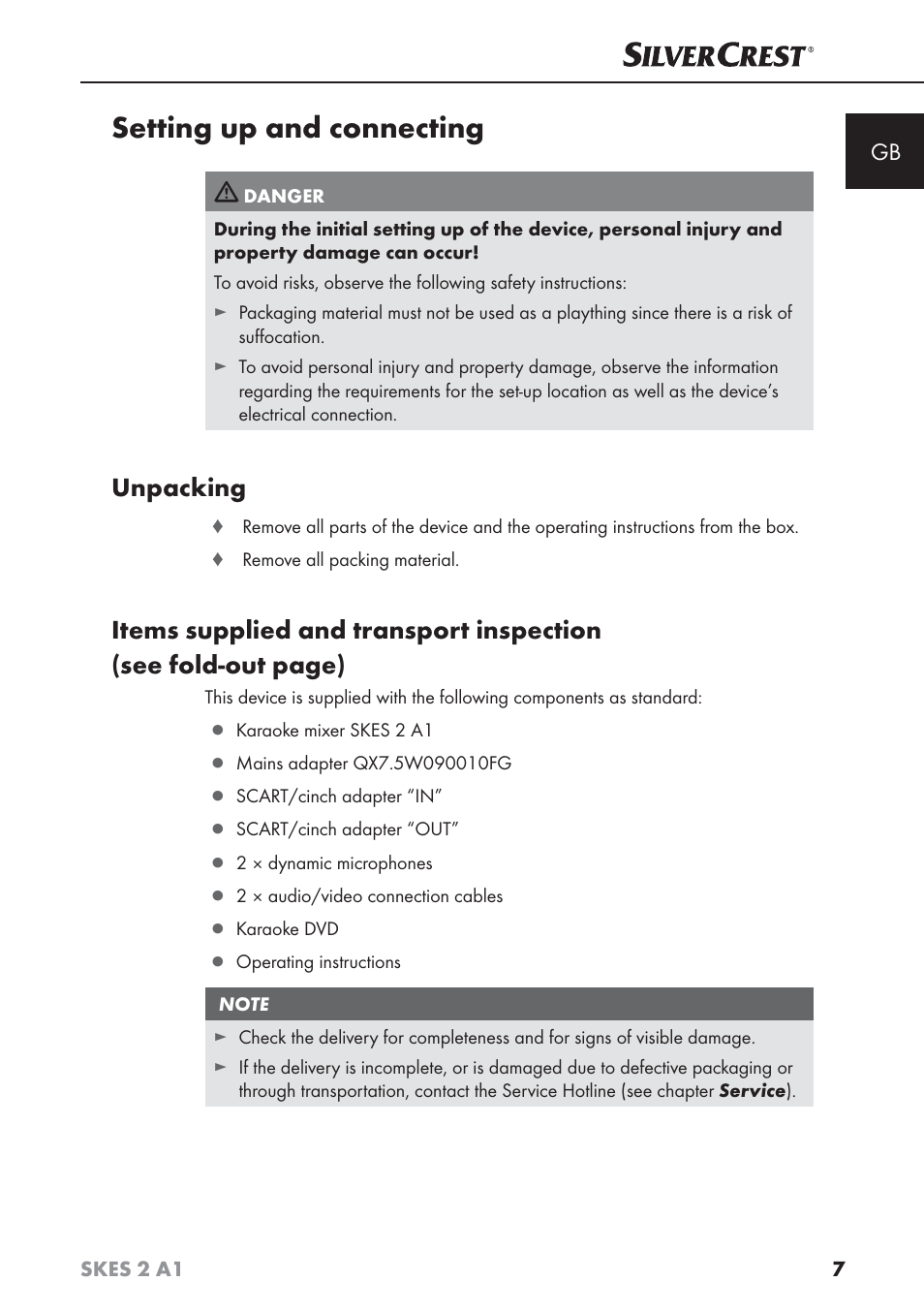 Setting up and connecting, Unpacking | Silvercrest SKES 2 A1 User Manual | Page 10 / 115