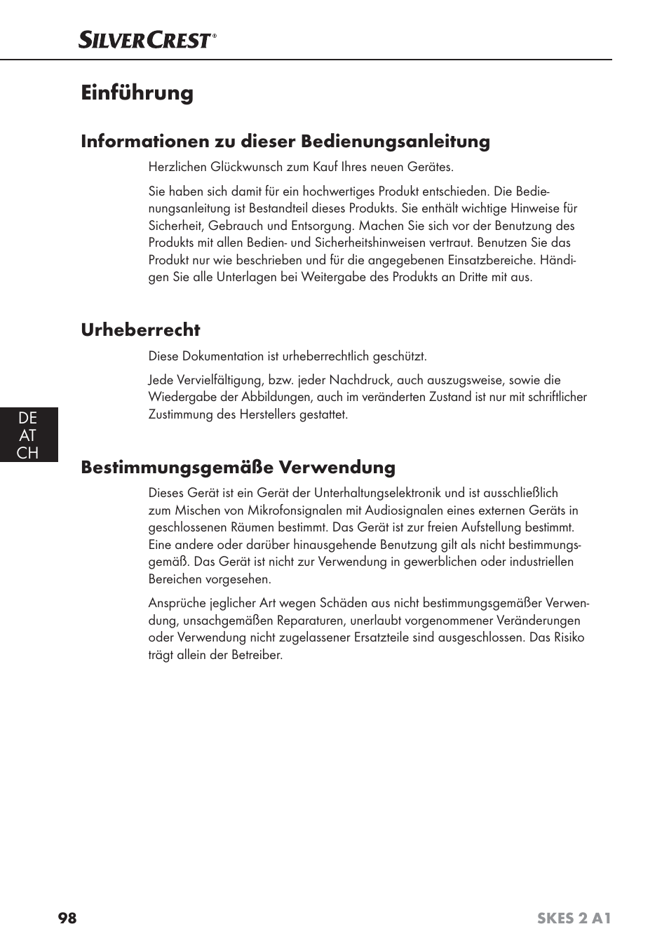 Einführung, Informationen zu dieser bedienungsanleitung, Urheberrecht | Bestimmungsgemäße verwendung | Silvercrest SKES 2 A1 User Manual | Page 101 / 115