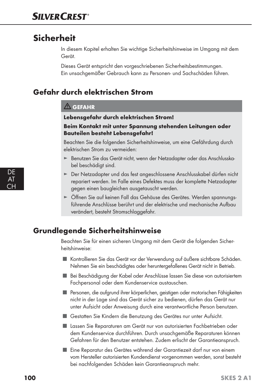 Sicherheit, Gefahr durch elektrischen strom, Grundlegende sicherheitshinweise | De at ch | Silvercrest SKES 2 A1 User Manual | Page 103 / 115