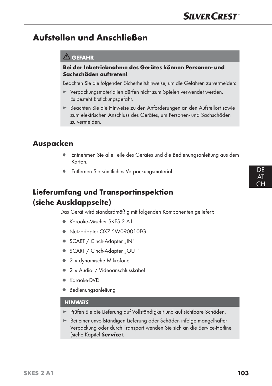 Aufstellen und anschließen, Auspacken, De at ch | Silvercrest SKES 2 A1 User Manual | Page 106 / 115