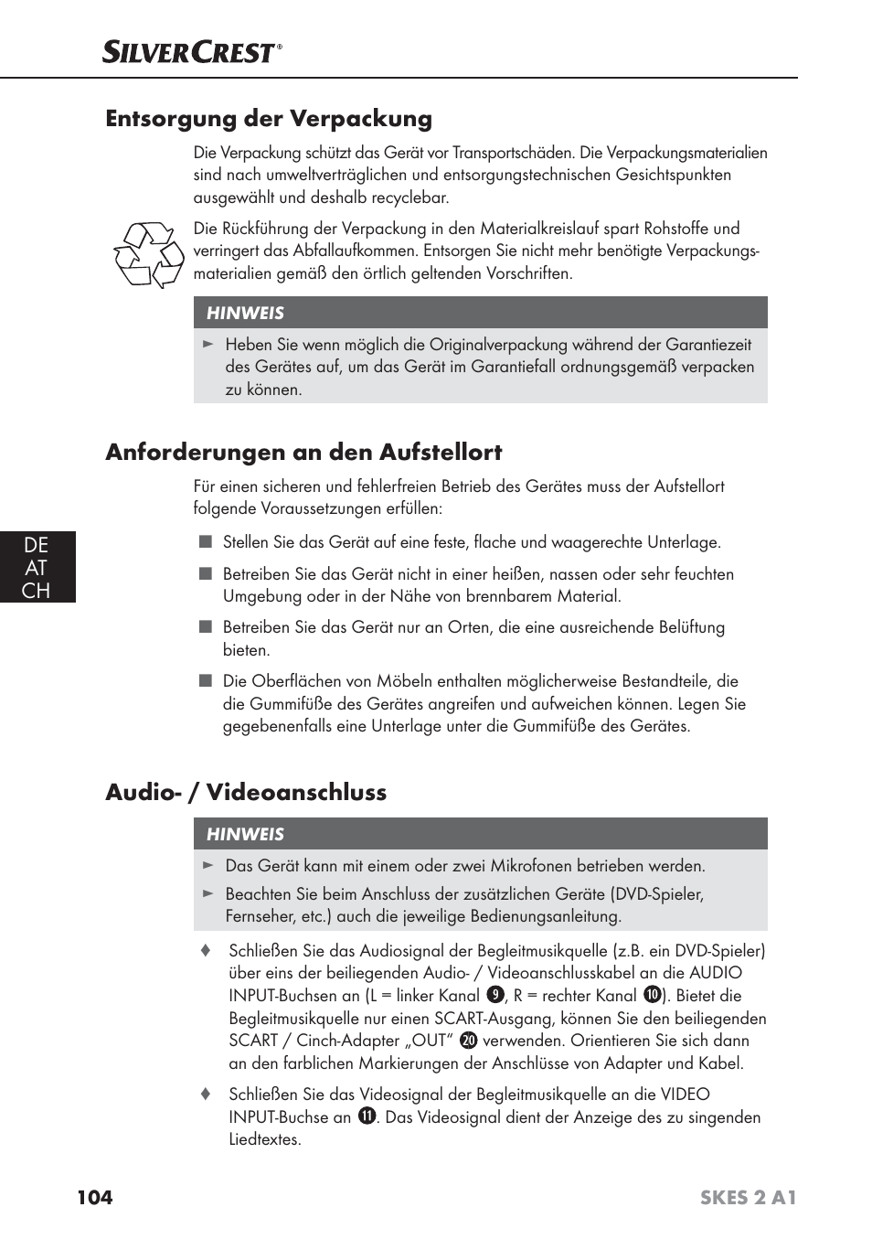 Entsorgung der verpackung, Anforderungen an den aufstellort, Audio- / videoanschluss | De at ch | Silvercrest SKES 2 A1 User Manual | Page 107 / 115