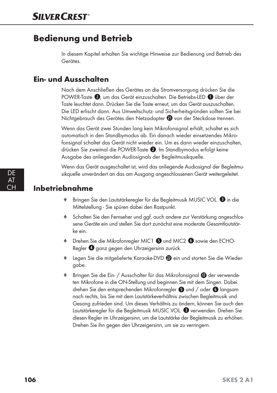 Bedienung und betrieb, Ein- und ausschalten, Inbetriebnahme | De at ch | Silvercrest SKES 2 A1 User Manual | Page 109 / 115
