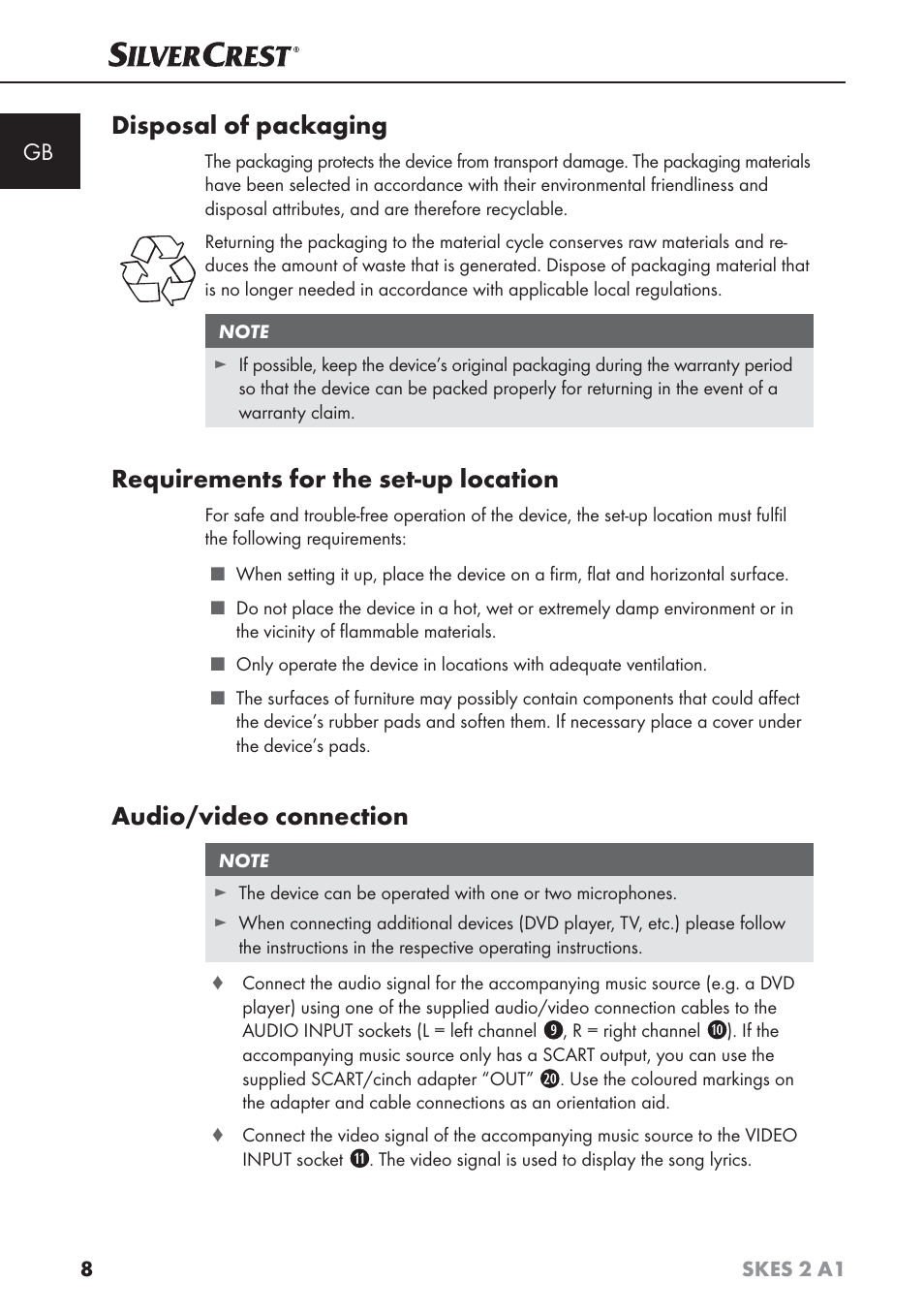 Disposal of packaging, Requirements for the set-up location, Audio/video connection | Silvercrest SKES 2 A1 User Manual | Page 11 / 115