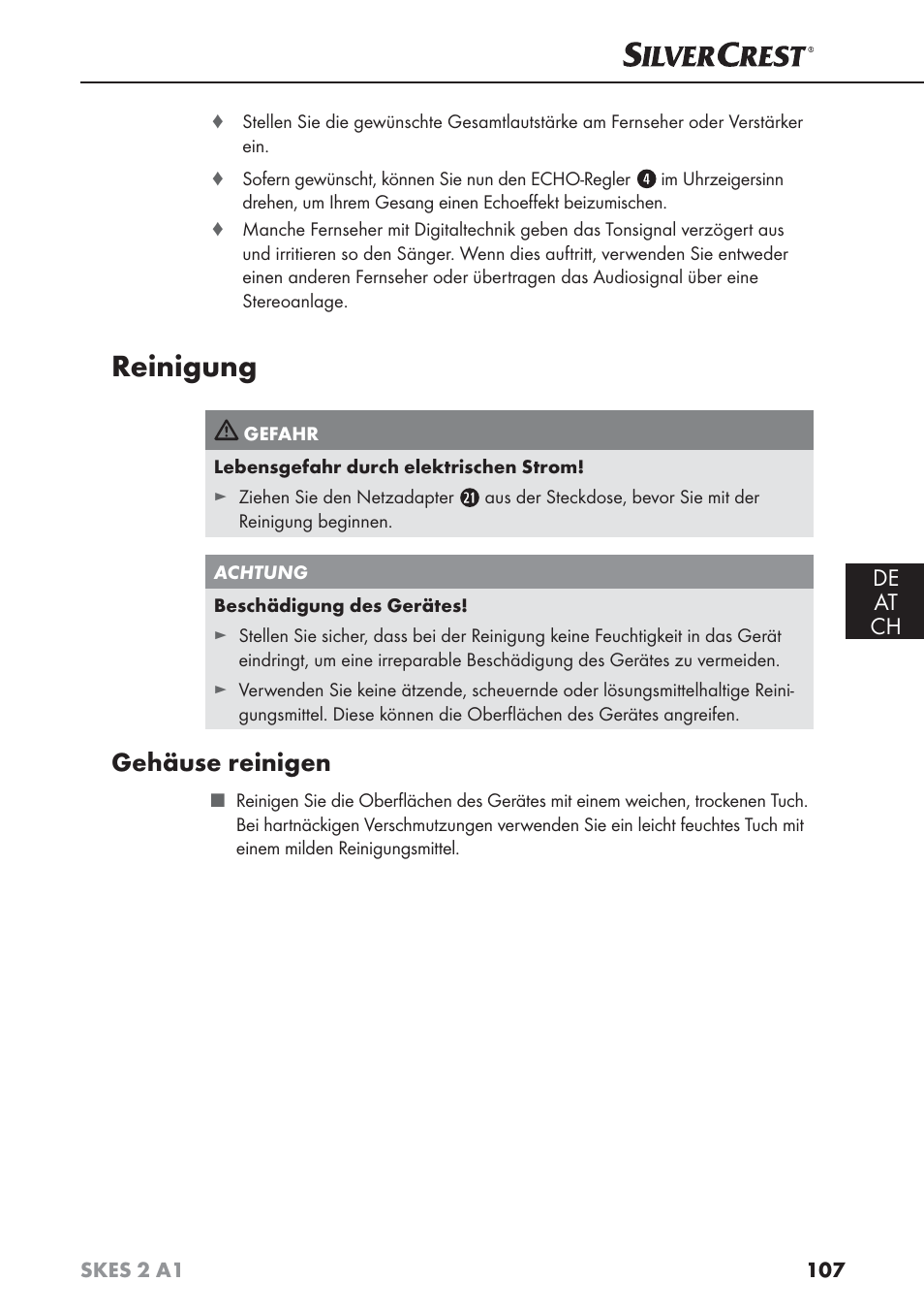 Reinigung, Gehäuse reinigen, De at ch | Silvercrest SKES 2 A1 User Manual | Page 110 / 115