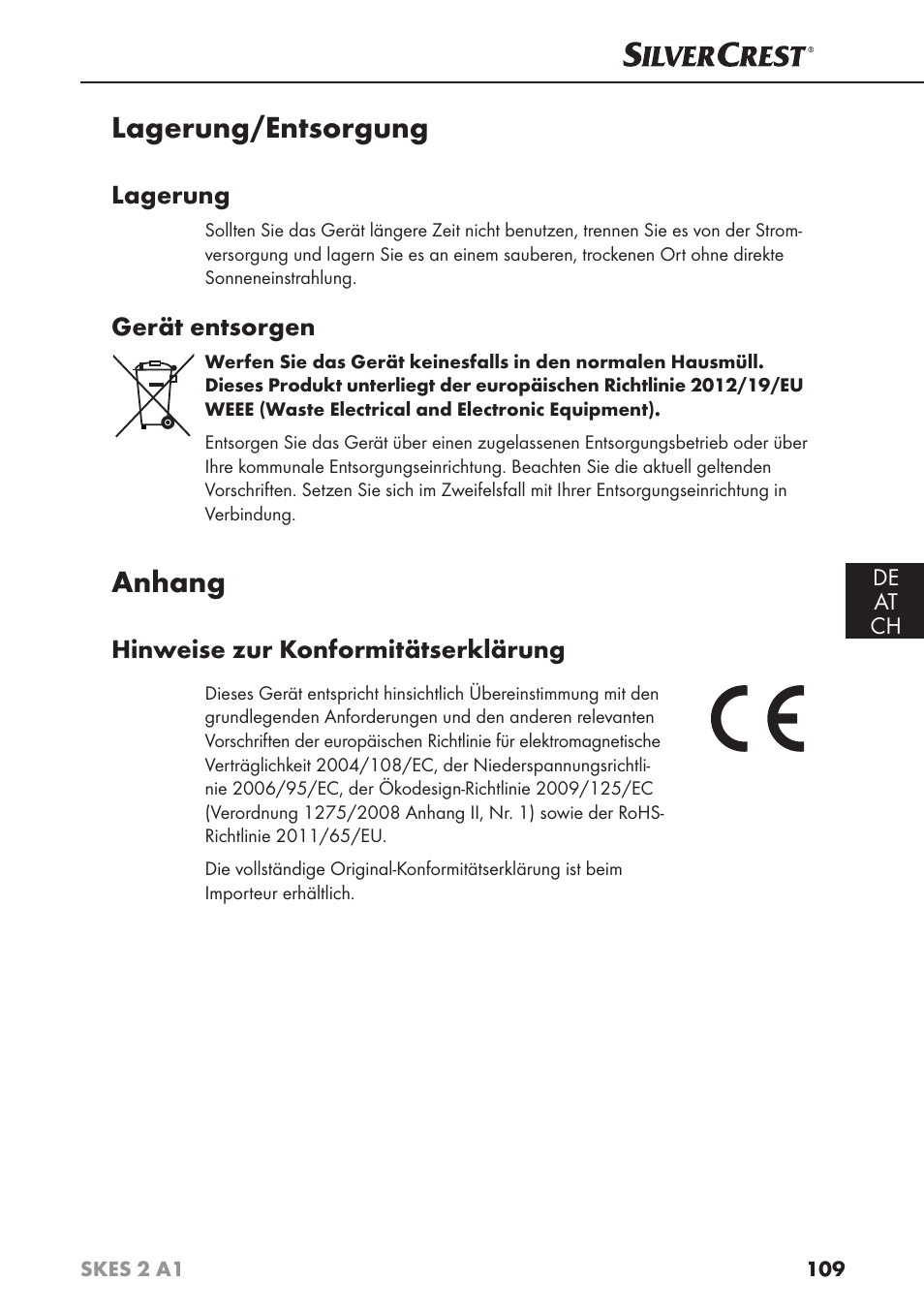 Lagerung/entsorgung, Anhang, Lagerung | Gerät entsorgen, Hinweise zur konformitätserklärung | Silvercrest SKES 2 A1 User Manual | Page 112 / 115