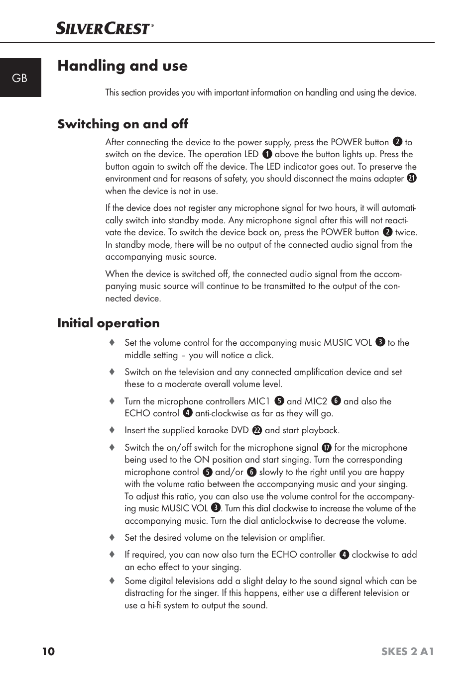 Handling and use, Switching on and oﬀ, Initial operation | Silvercrest SKES 2 A1 User Manual | Page 13 / 115