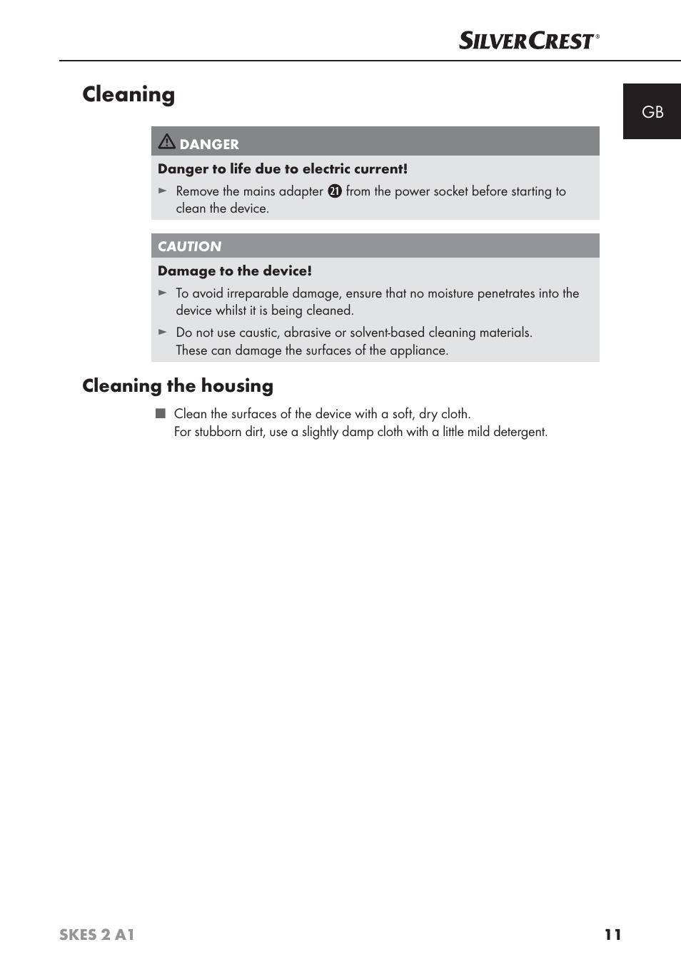 Cleaning, Cleaning the housing | Silvercrest SKES 2 A1 User Manual | Page 14 / 115