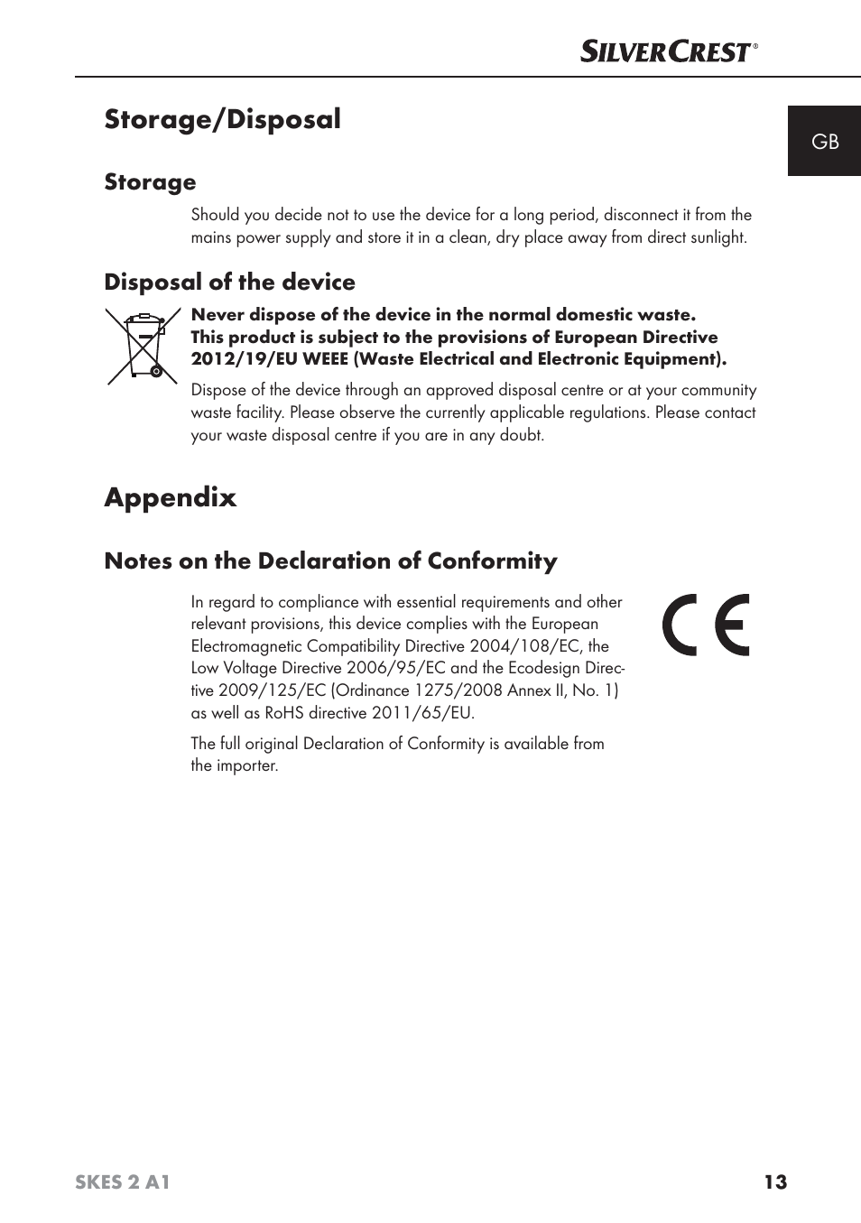 Storage/disposal, Appendix, Storage | Disposal of the device | Silvercrest SKES 2 A1 User Manual | Page 16 / 115