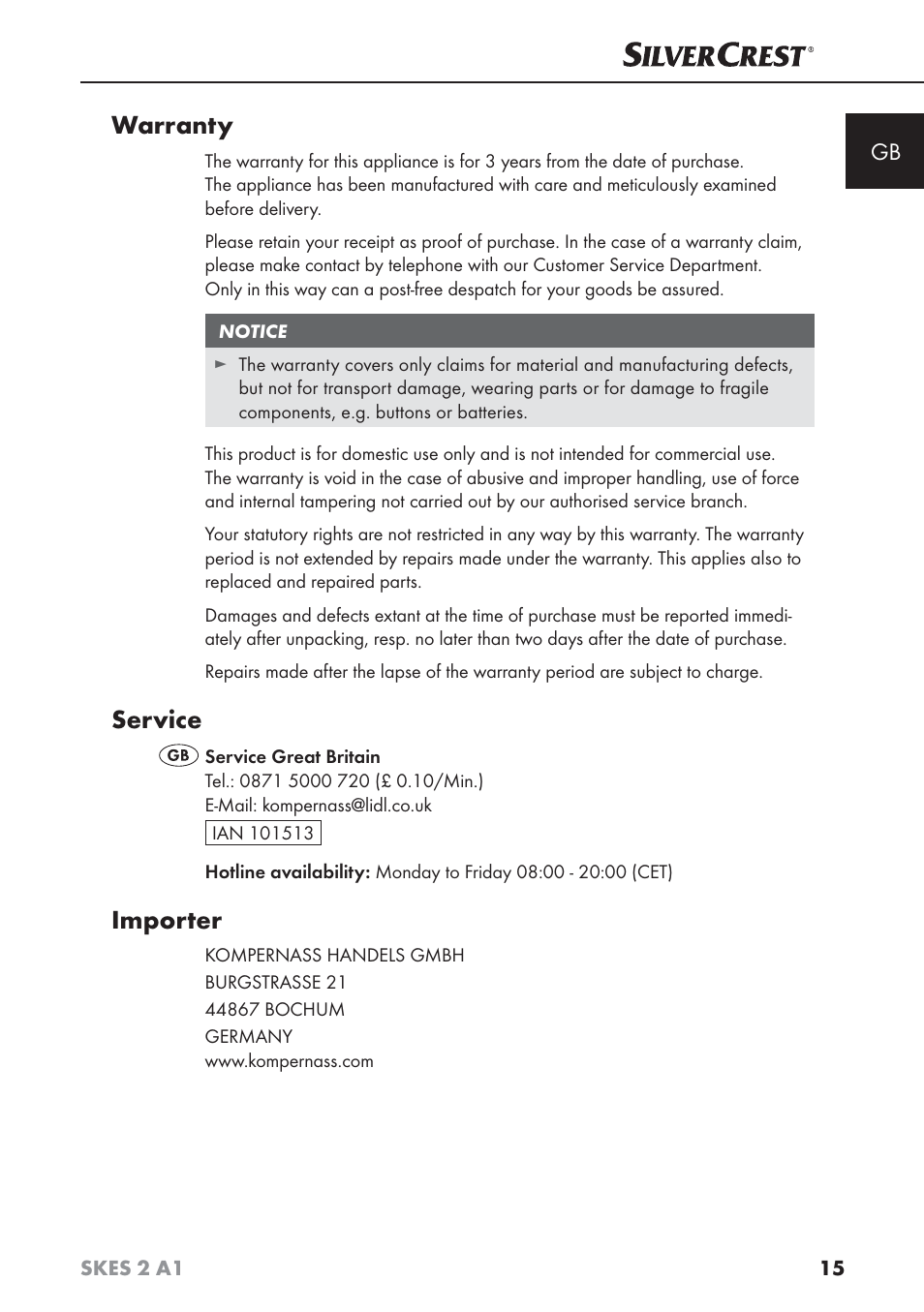 Warranty, Service, Importer | Silvercrest SKES 2 A1 User Manual | Page 18 / 115