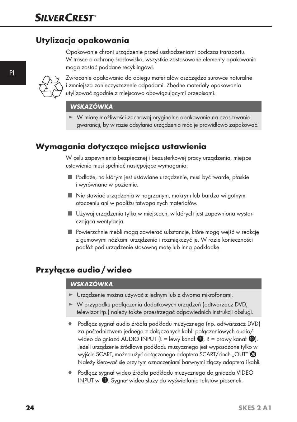 Utylizacja opakowania, Wymagania dotyczące miejsca ustawienia, Przyłącze audio / wideo | Silvercrest SKES 2 A1 User Manual | Page 27 / 115