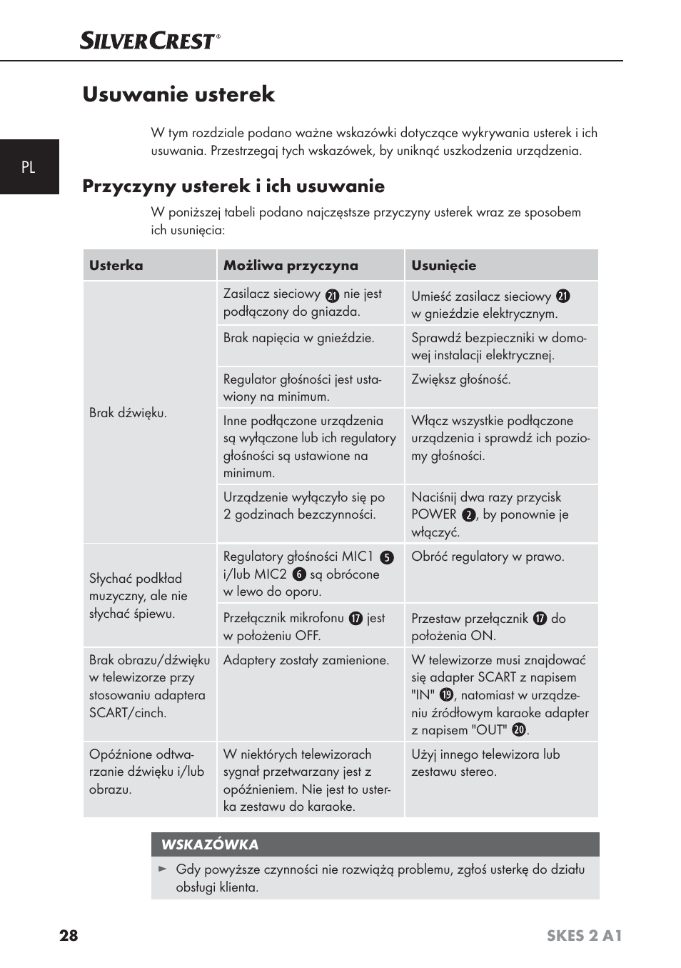 Usuwanie usterek, Przyczyny usterek i ich usuwanie | Silvercrest SKES 2 A1 User Manual | Page 31 / 115