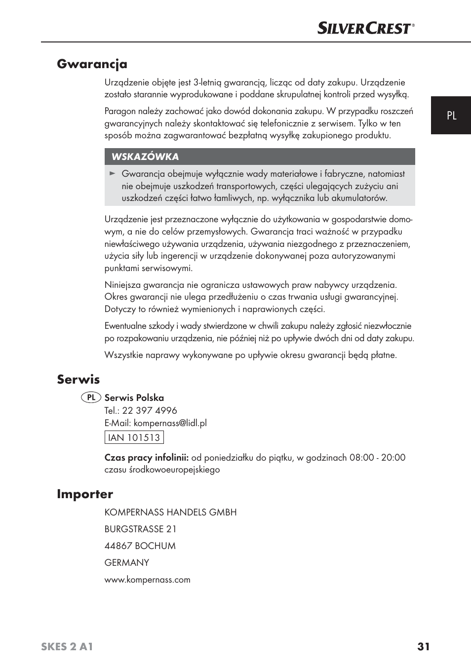 Gwarancja, Serwis, Importer | Silvercrest SKES 2 A1 User Manual | Page 34 / 115