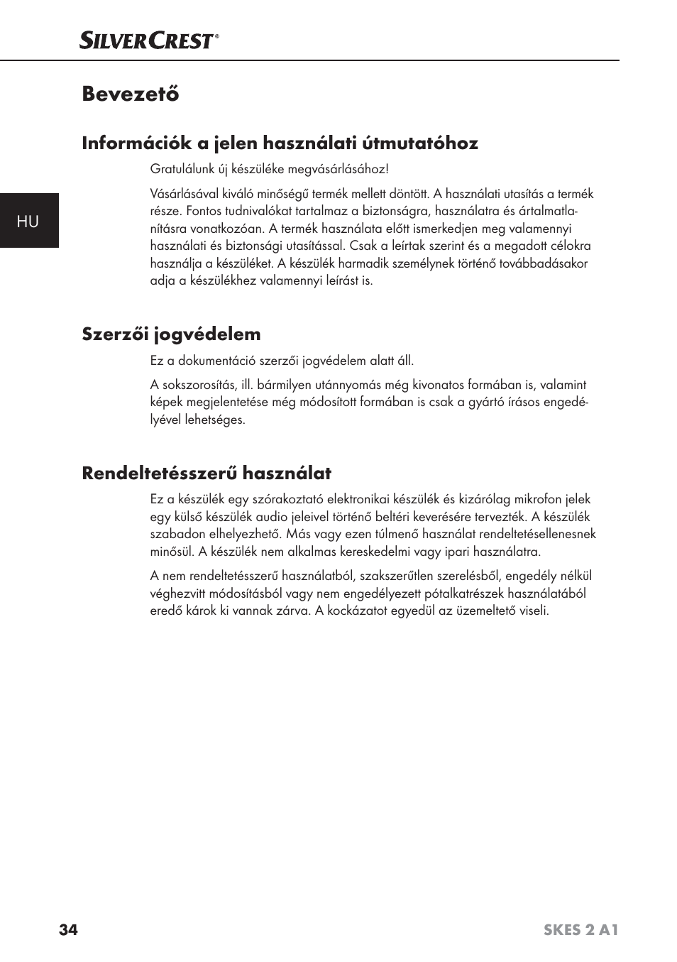 Bevezető, Információk a jelen használati útmutatóhoz, Szerzői jogvédelem | Rendeltetésszerű használat | Silvercrest SKES 2 A1 User Manual | Page 37 / 115