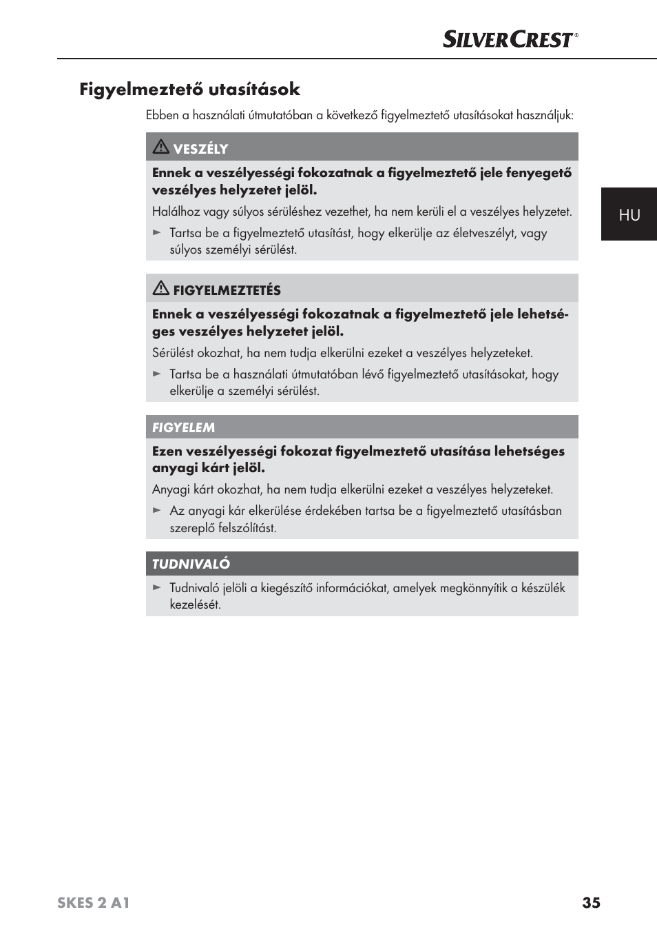 Figyelmeztető utasítások | Silvercrest SKES 2 A1 User Manual | Page 38 / 115