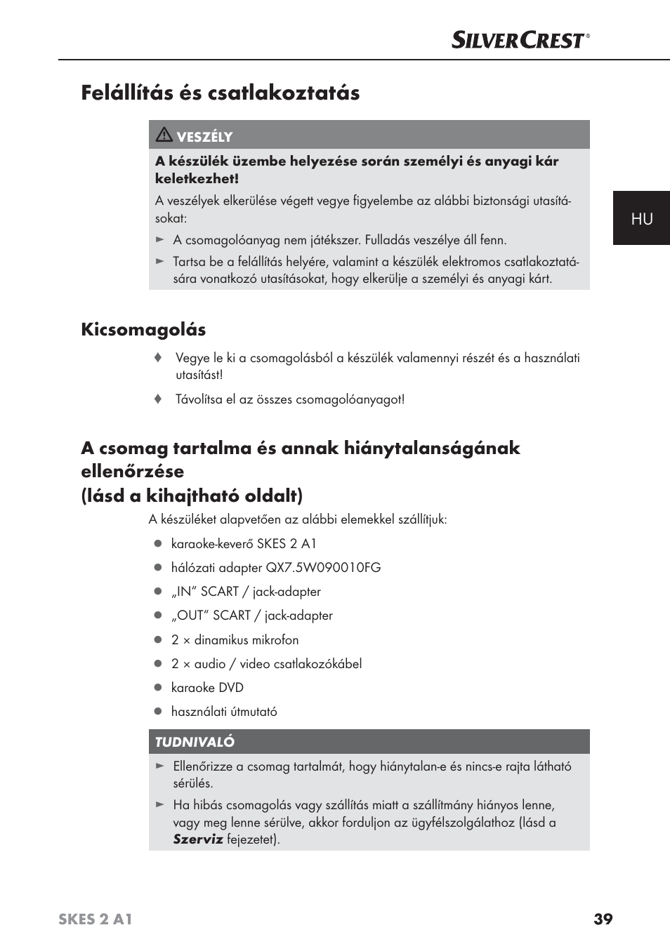 Felállítás és csatlakoztatás, Kicsomagolás | Silvercrest SKES 2 A1 User Manual | Page 42 / 115