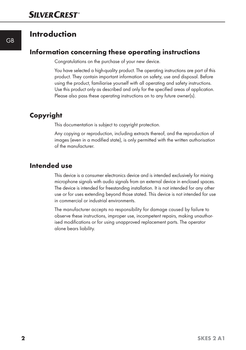 Introduction, Copyright, Intended use | Silvercrest SKES 2 A1 User Manual | Page 5 / 115