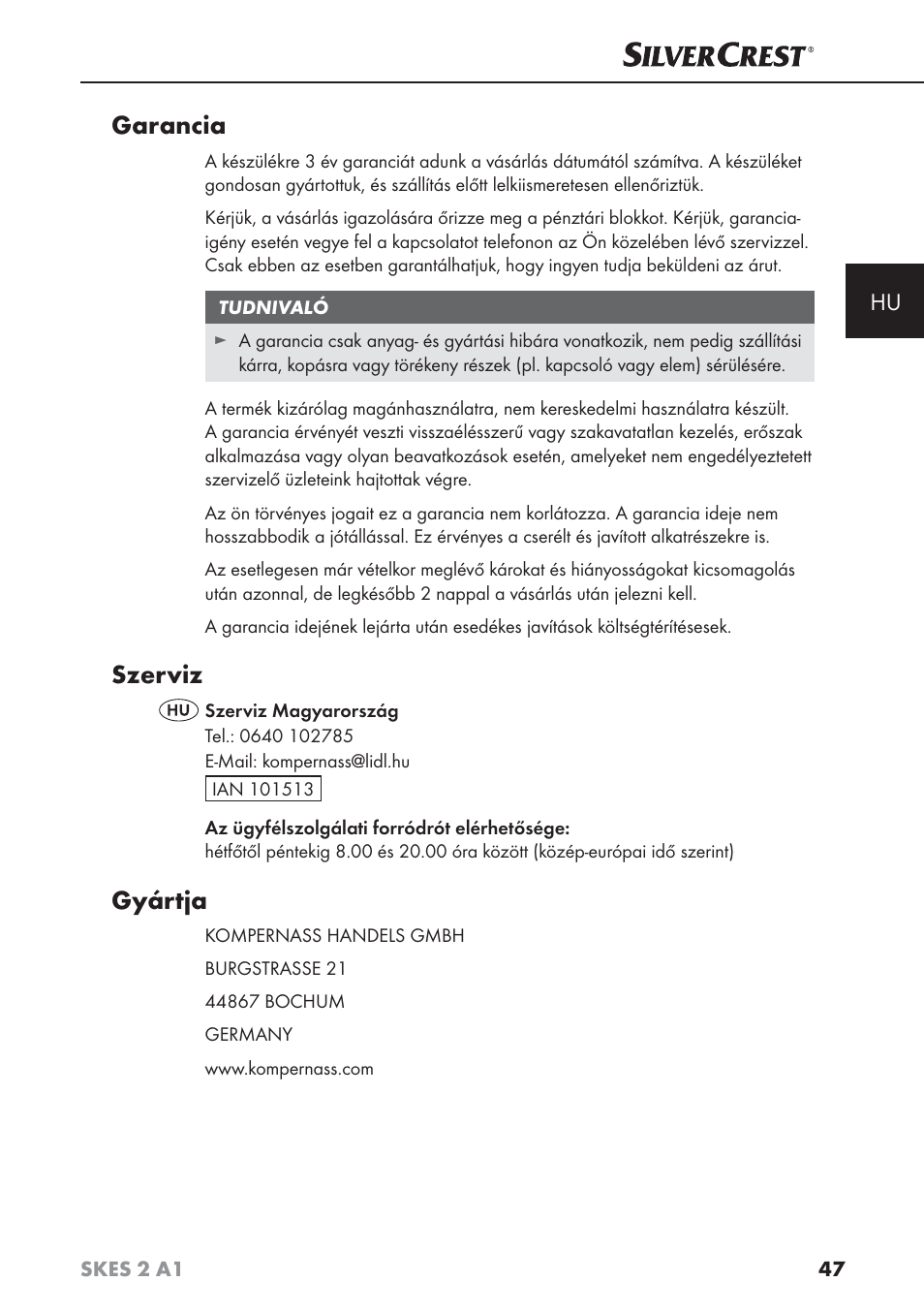 Garancia, Szerviz, Gyártja | Silvercrest SKES 2 A1 User Manual | Page 50 / 115