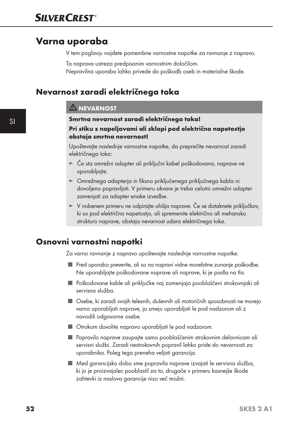 Varna uporaba, Nevarnost zaradi električnega toka, Osnovni varnostni napotki | Silvercrest SKES 2 A1 User Manual | Page 55 / 115