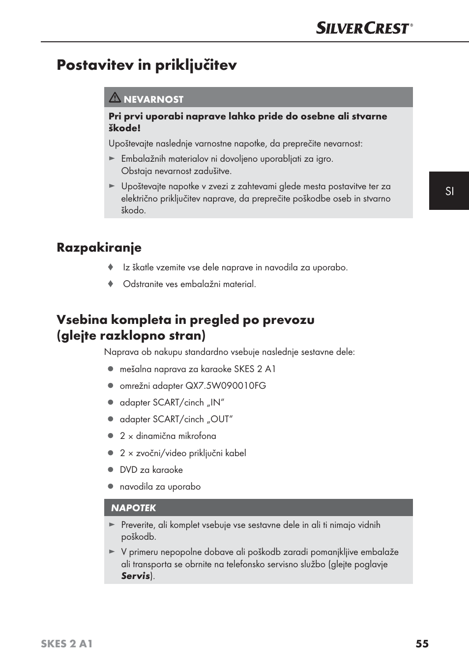 Postavitev in priključitev, Razpakiranje | Silvercrest SKES 2 A1 User Manual | Page 58 / 115