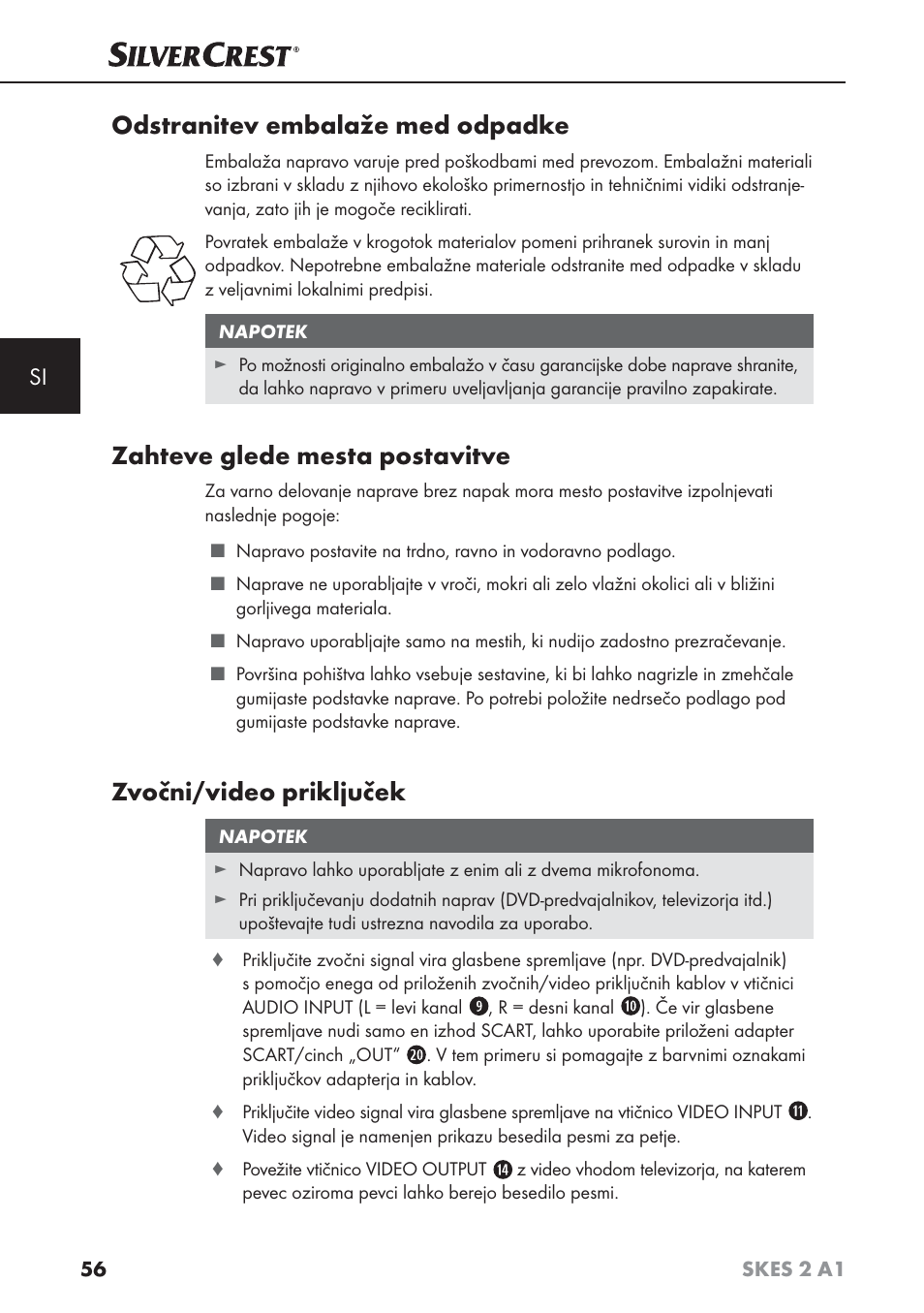 Odstranitev embalaže med odpadke, Zahteve glede mesta postavitve, Zvočni/video priključek | Silvercrest SKES 2 A1 User Manual | Page 59 / 115