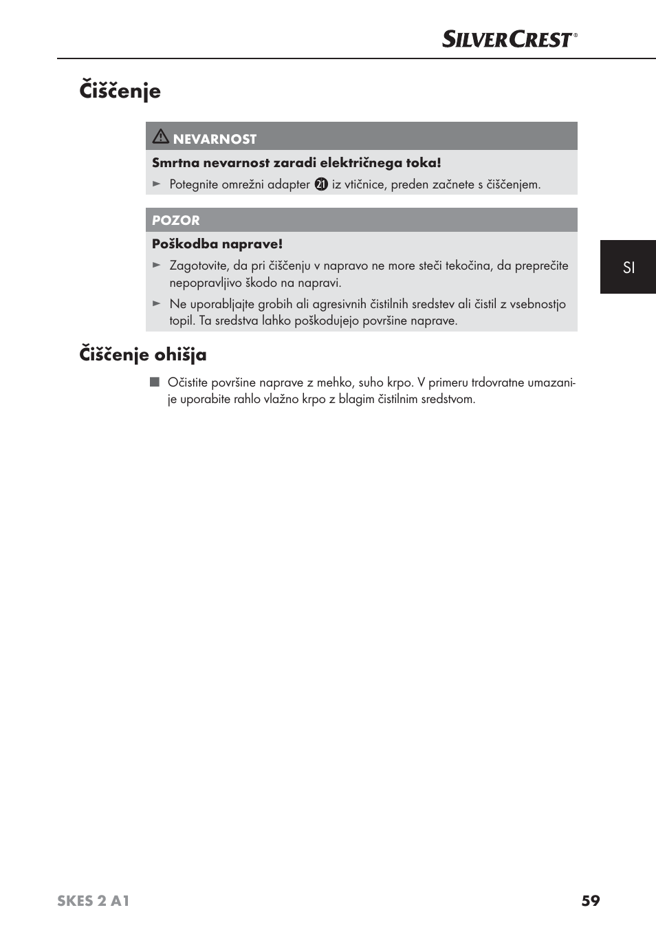Čiščenje, Čiščenje ohišja | Silvercrest SKES 2 A1 User Manual | Page 62 / 115