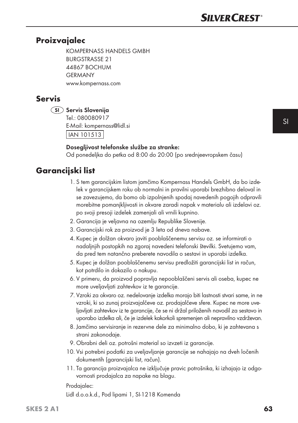 Proizvajalec, Servis, Garancijski list | Silvercrest SKES 2 A1 User Manual | Page 66 / 115