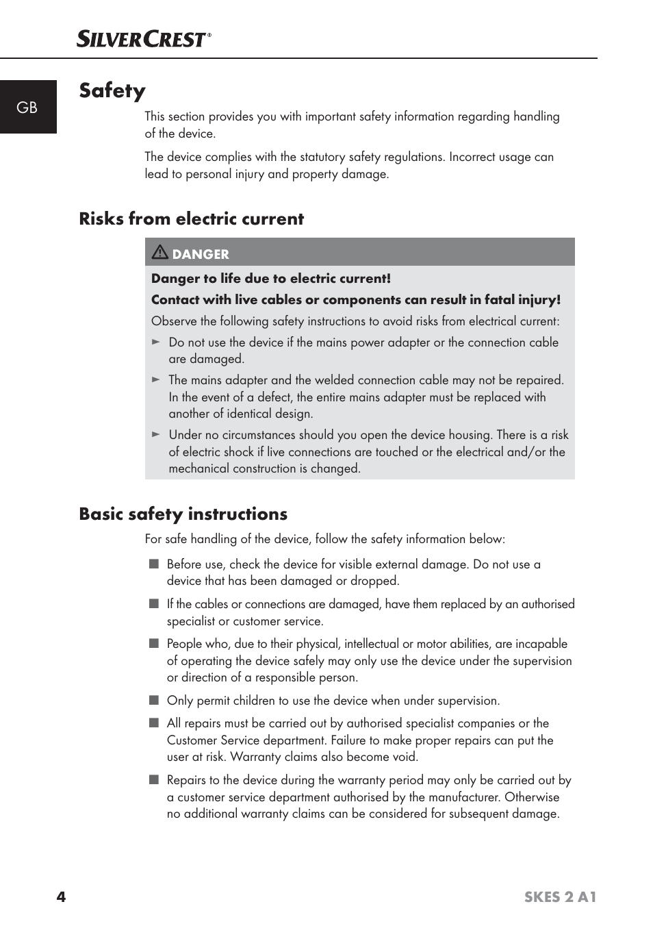 Safety, Risks from electric current, Basic safety instructions | Silvercrest SKES 2 A1 User Manual | Page 7 / 115