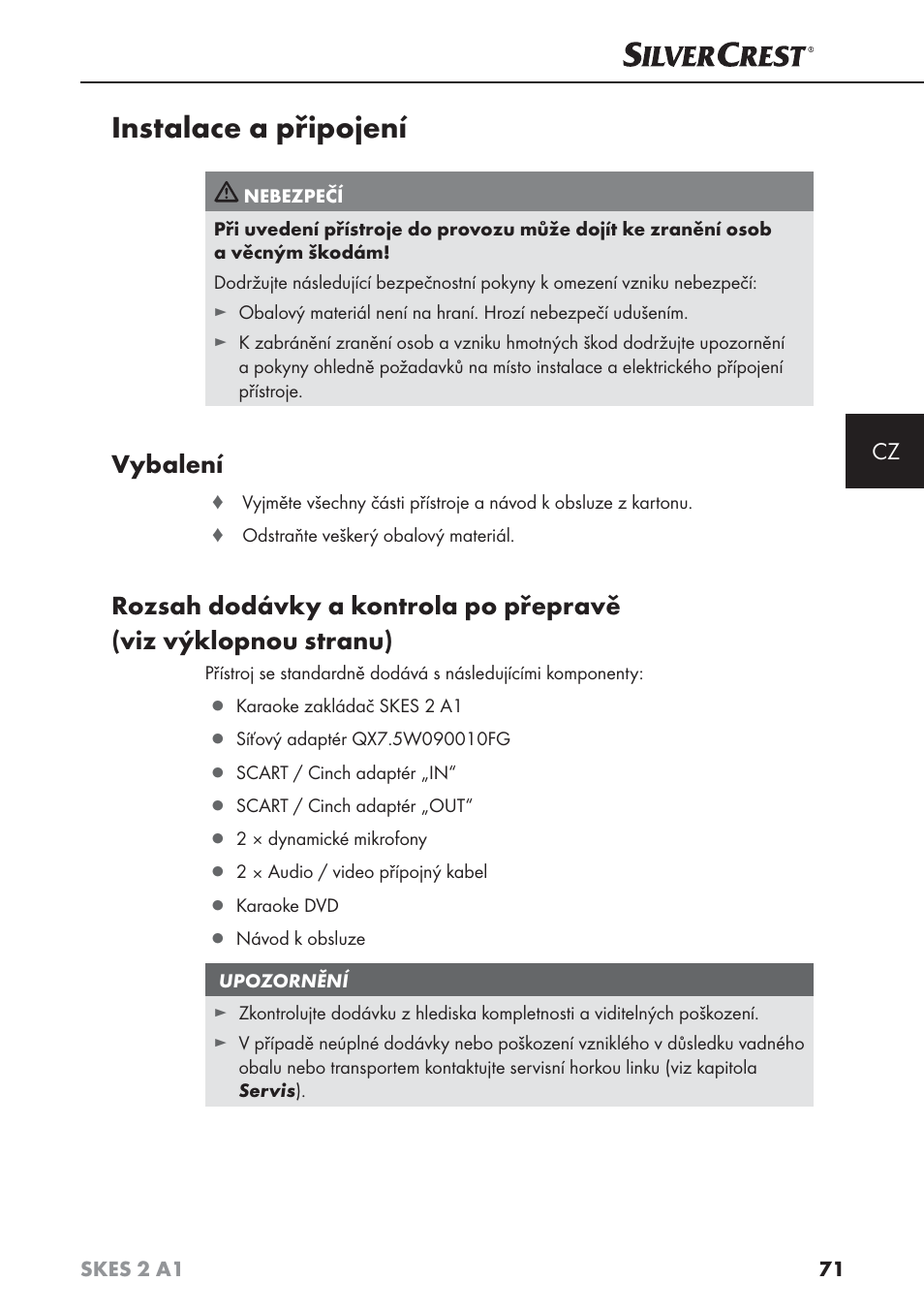 Instalace a připojení, Vybalení | Silvercrest SKES 2 A1 User Manual | Page 74 / 115