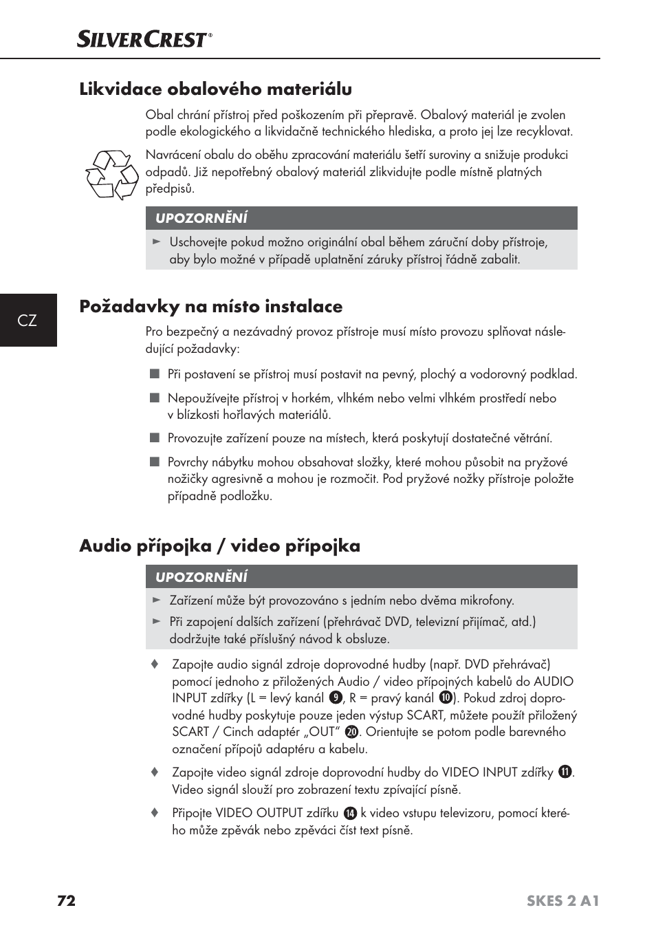 Likvidace obalového materiálu, Požadavky na místo instalace, Audio přípojka / video přípojka | Silvercrest SKES 2 A1 User Manual | Page 75 / 115