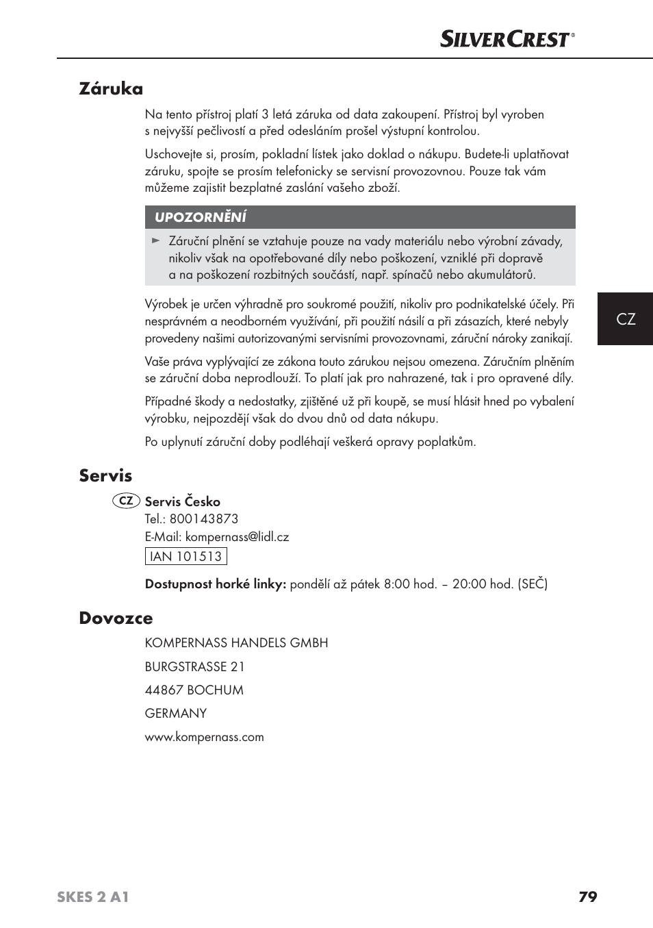 Záruka, Servis, Dovozce | Silvercrest SKES 2 A1 User Manual | Page 82 / 115