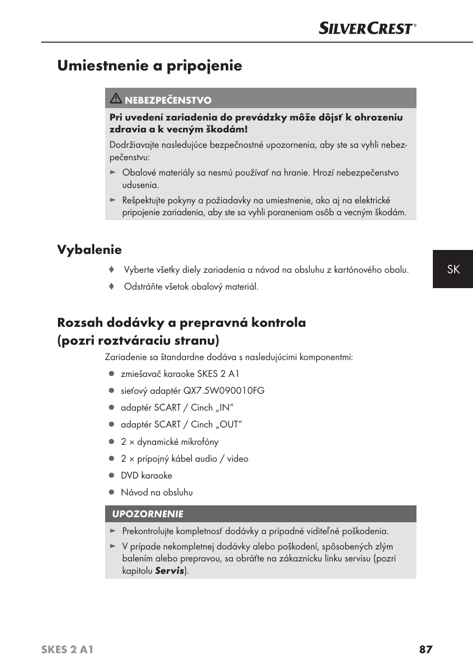 Umiestnenie a pripojenie, Vybalenie | Silvercrest SKES 2 A1 User Manual | Page 90 / 115